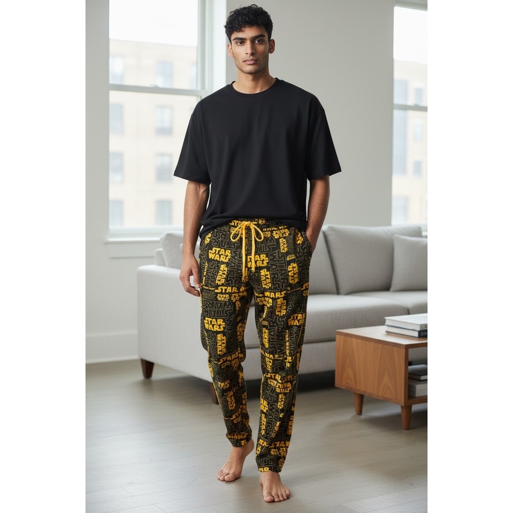 611 Star Wars Mens Lounge Pants Black Yellow All Over Logo Pajama Bottoms M